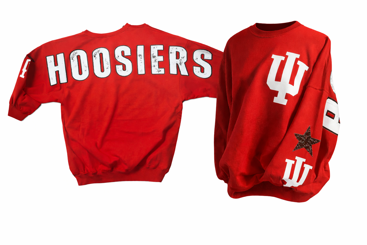 Hoosiers Oversized Varsity Crewneck w/front detail, oversized back text and sleeve detail