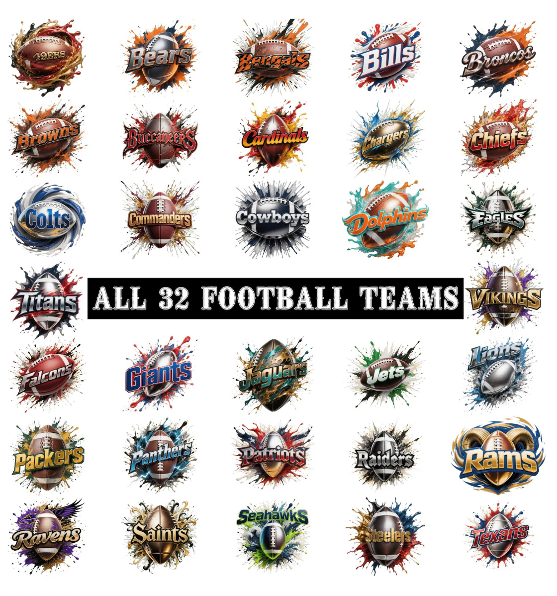 8th Day of Christmas Splatter Football Mascots (include team in personalization box)