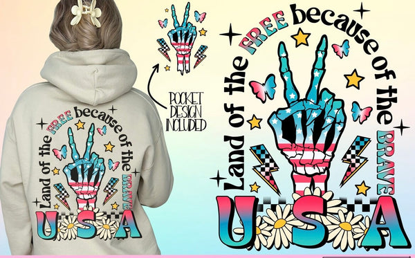 Land of the Free- skeleton peace hand