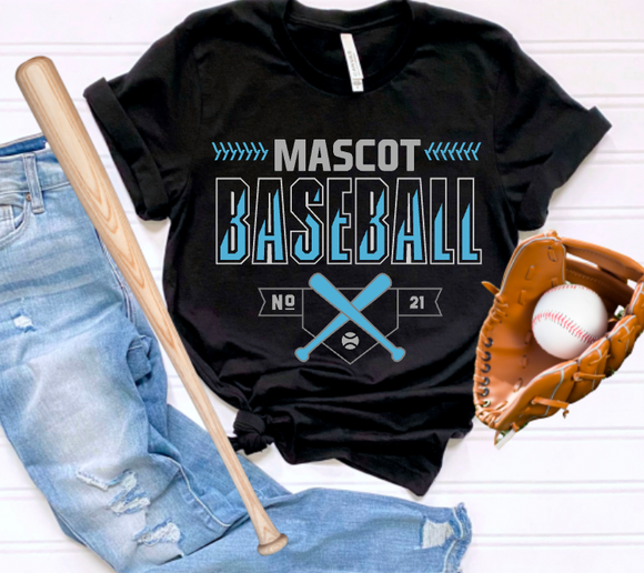 (YourTeam) Baseball Crossed Bats (include team name, number and 2 colors in personalization box)