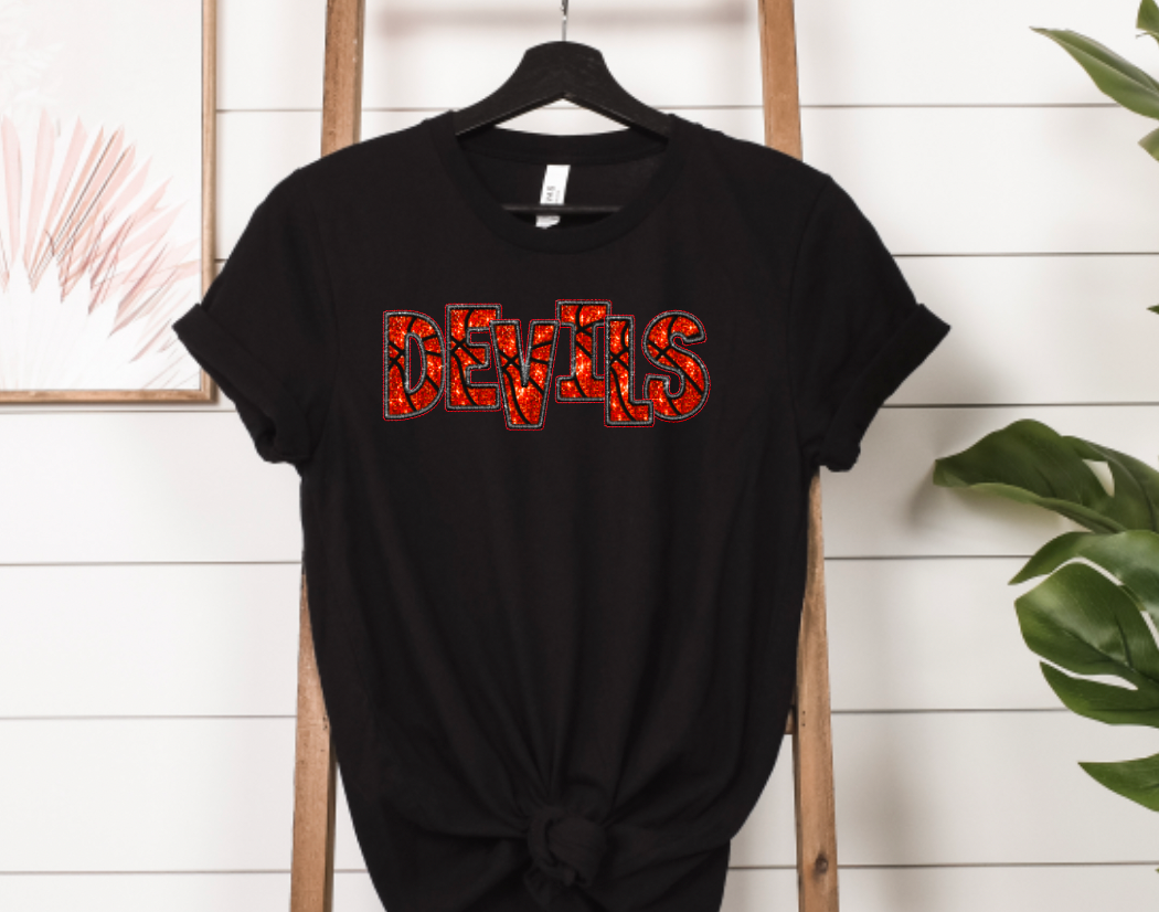 Faux-Sequin Devils Basketball Text