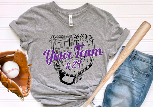 (YourTeam) Baseball Softball Sketch Glove - include team name, up to 2 colors and number in personalization box