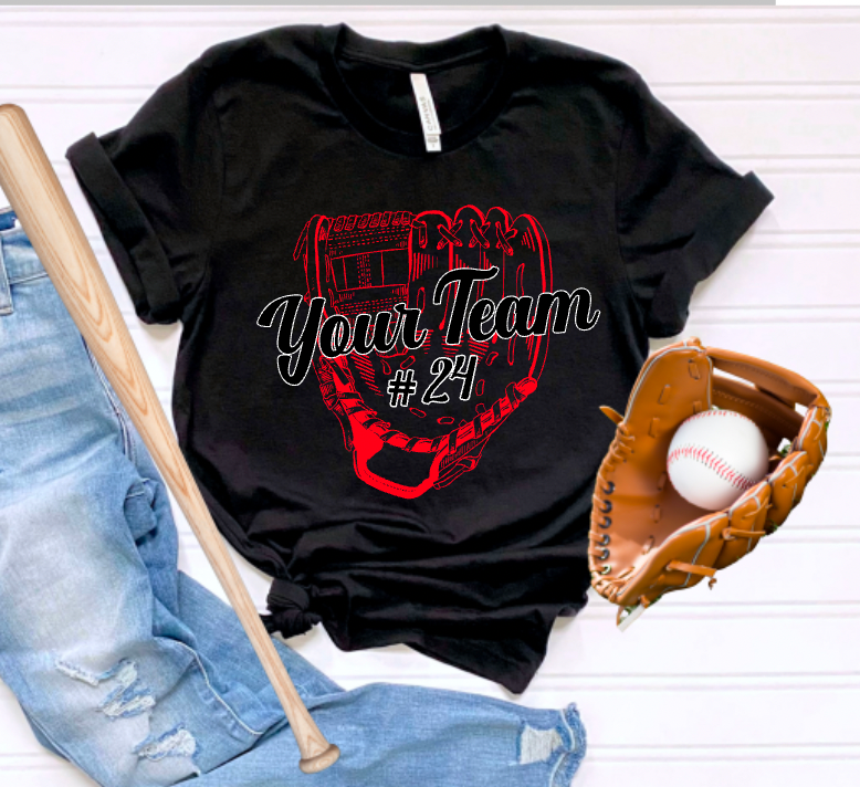 (YourTeam) Baseball Softball Sketch Glove - include team name, up to 2 colors and number in personalization box