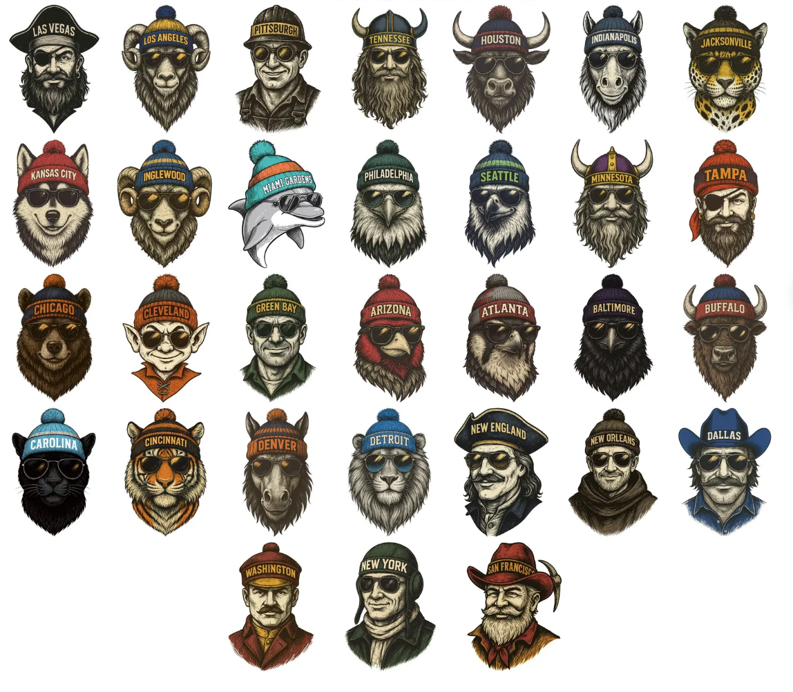 Vintage Football Mascots (include team in personalization box)