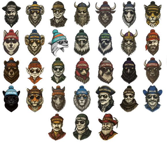 8th Day of Christmas Vintage Football Mascots (include team in personalization box)